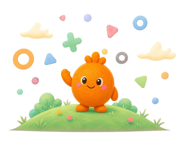 Geo, our orange mascot, among colourful maths shapes.
